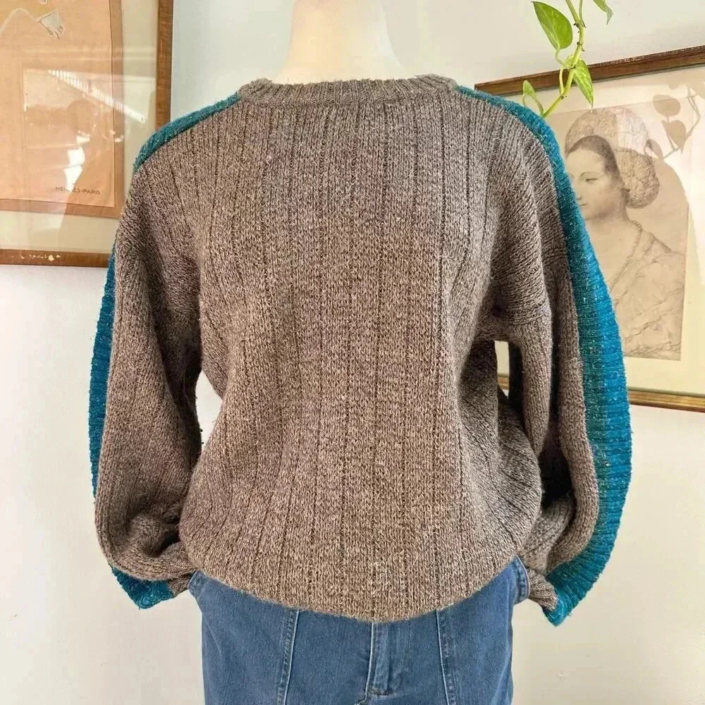 VTG Chunky Knit Brown Sweater with Teal Shoulder Panels Cozy Wool Blend Pullover